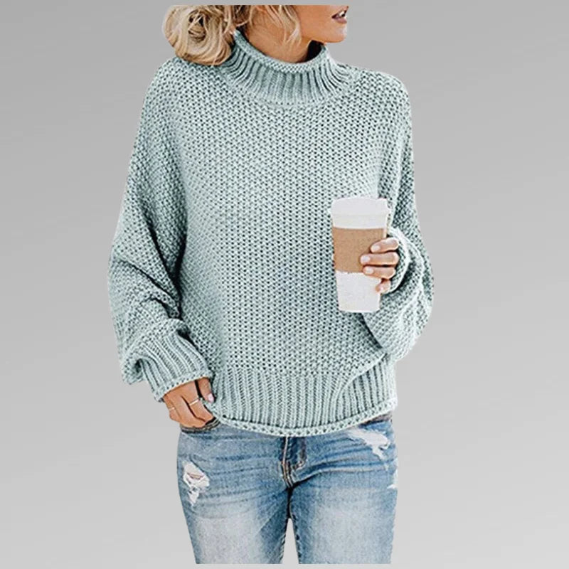 Women's knit roll neck jumper with dropped shoulder sleeves – Sky blue