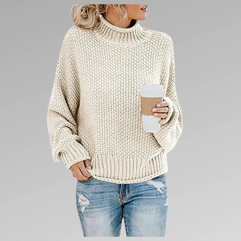 Women's knit roll neck jumper with dropped shoulder sleeves – White