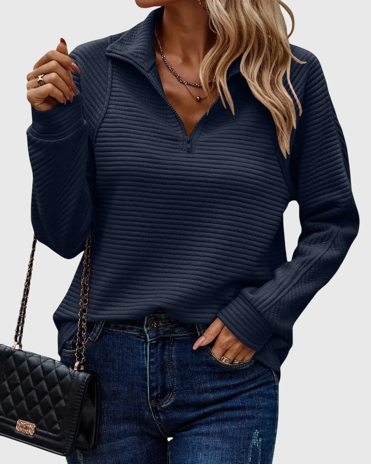 Women's V-neck knit jumper with zipper detail – Dark Blue