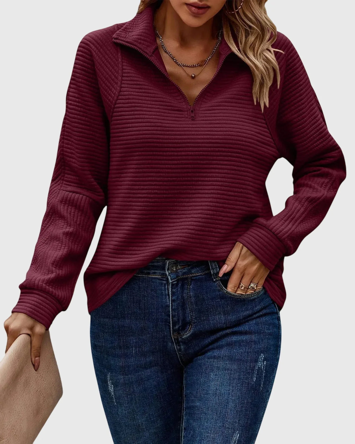 Women's V-neck knit jumper with zipper detail – Maroon