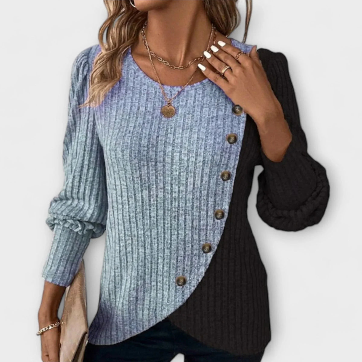Women's contrast-panel knit blouse with asymmetric button detail – Blue