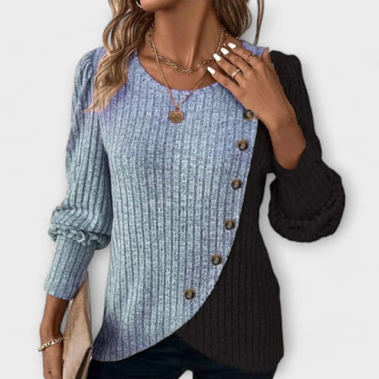 Women's contrast-panel knit blouse with asymmetric button detail – Blue