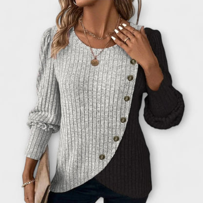 Women's contrast-panel knit blouse with asymmetric button detail – Grey