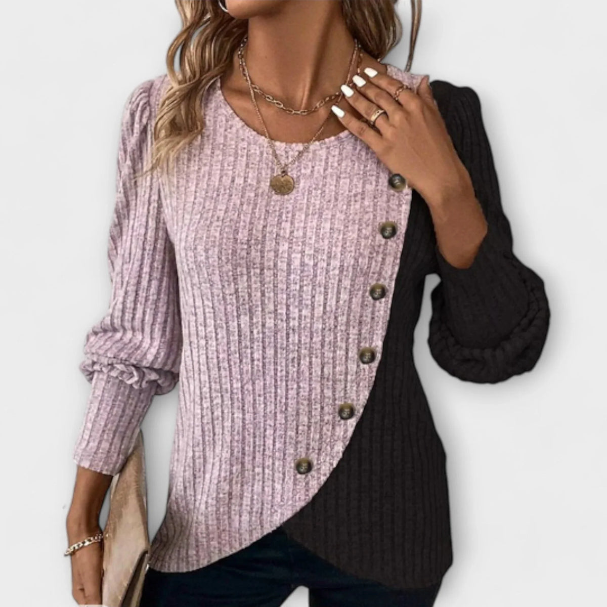 Women's contrast-panel knit blouse with asymmetric button detail – Violet