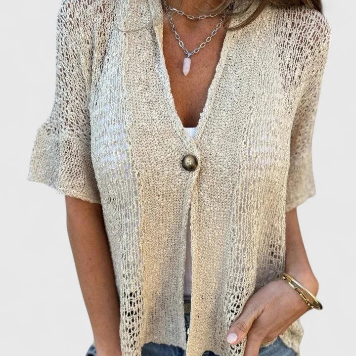 Women's open-knit lightweight cardigan with single-button front – Beige