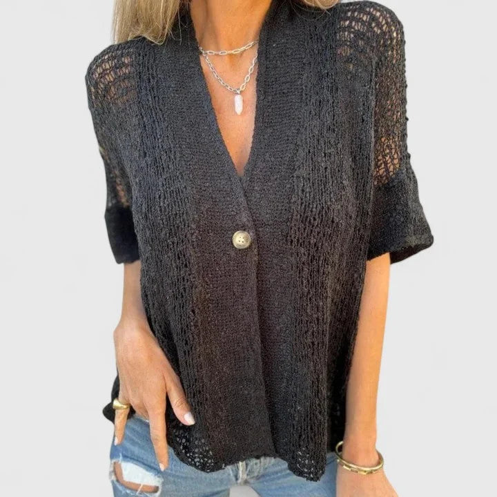 Women's open-knit lightweight cardigan with single-button front – Black