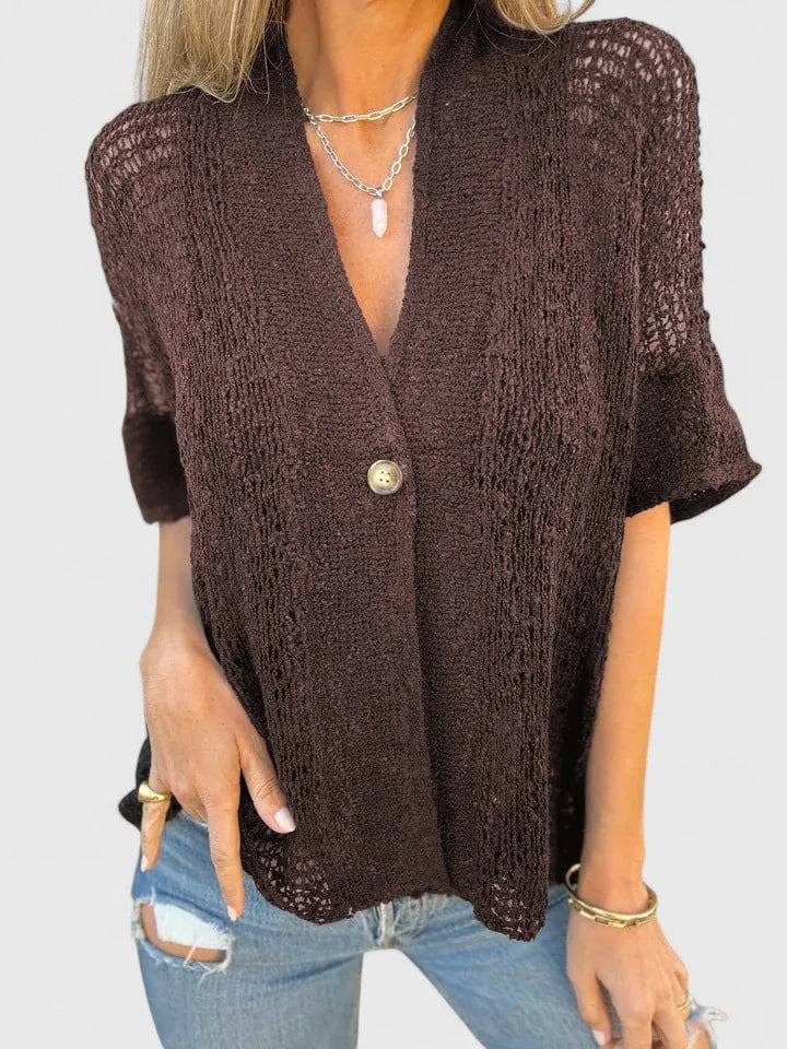Women's open-knit lightweight cardigan with single-button front – Brown