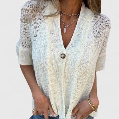 Women's open-knit lightweight cardigan with single-button front – White