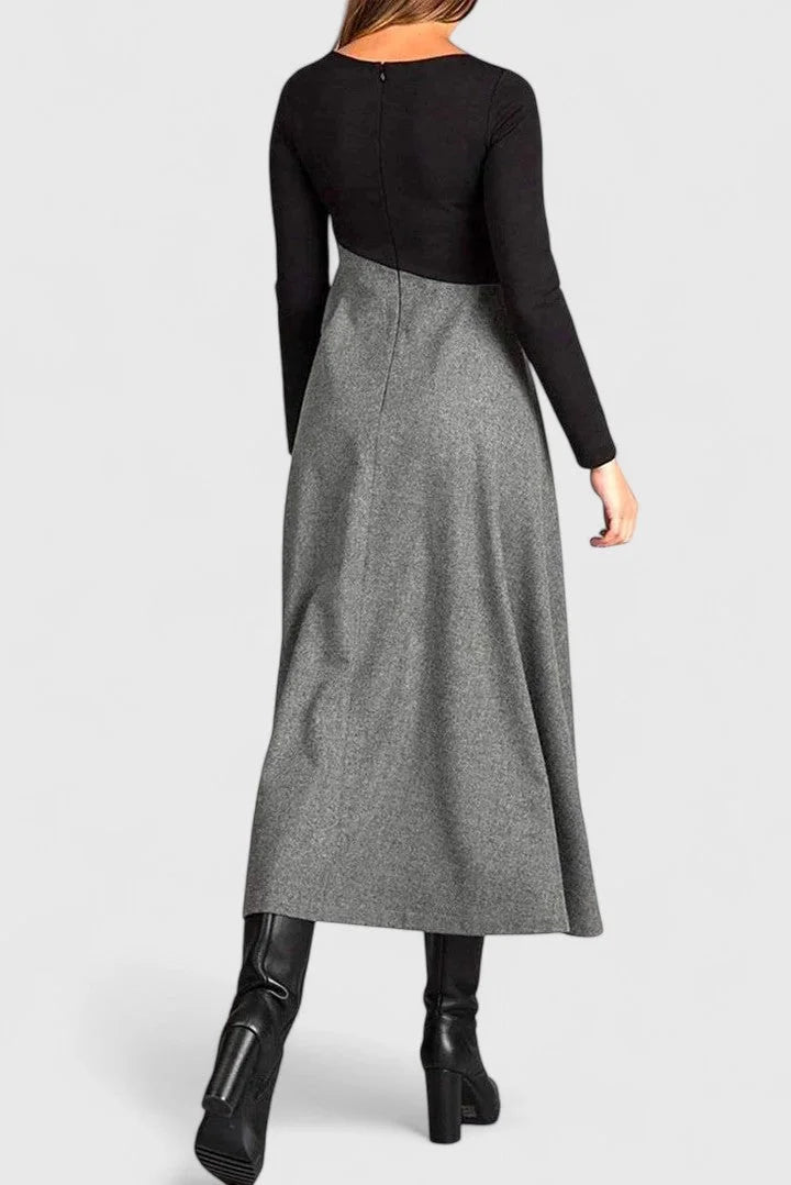 Women's long-sleeve maxi dress with flowing skirt – Black/Grey