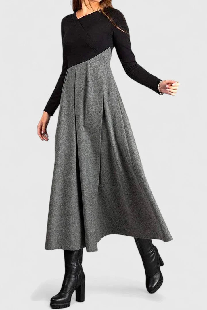 Women's long-sleeve maxi dress with flowing skirt – Black/Grey
