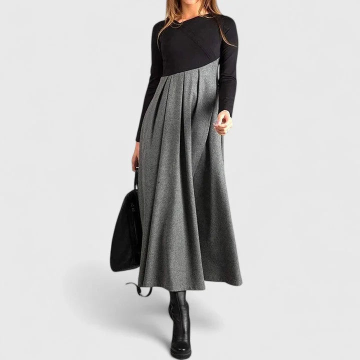 Women's long-sleeve maxi dress with flowing skirt – Black/Grey