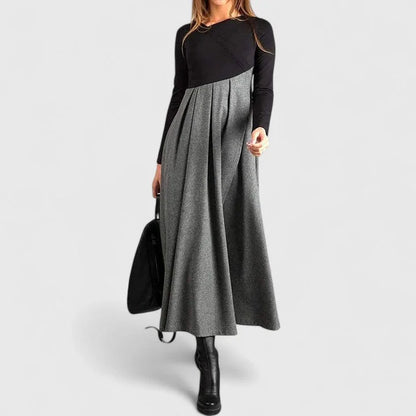 Women's long-sleeve maxi dress with flowing skirt – Black/Grey