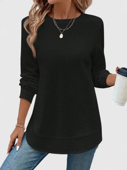 Women's round-neck long-sleeve top with soft knit finish – Black
