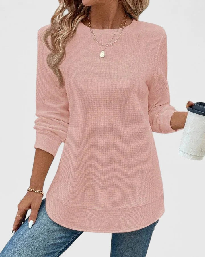 Women's round-neck long-sleeve top with soft knit finish – Pink