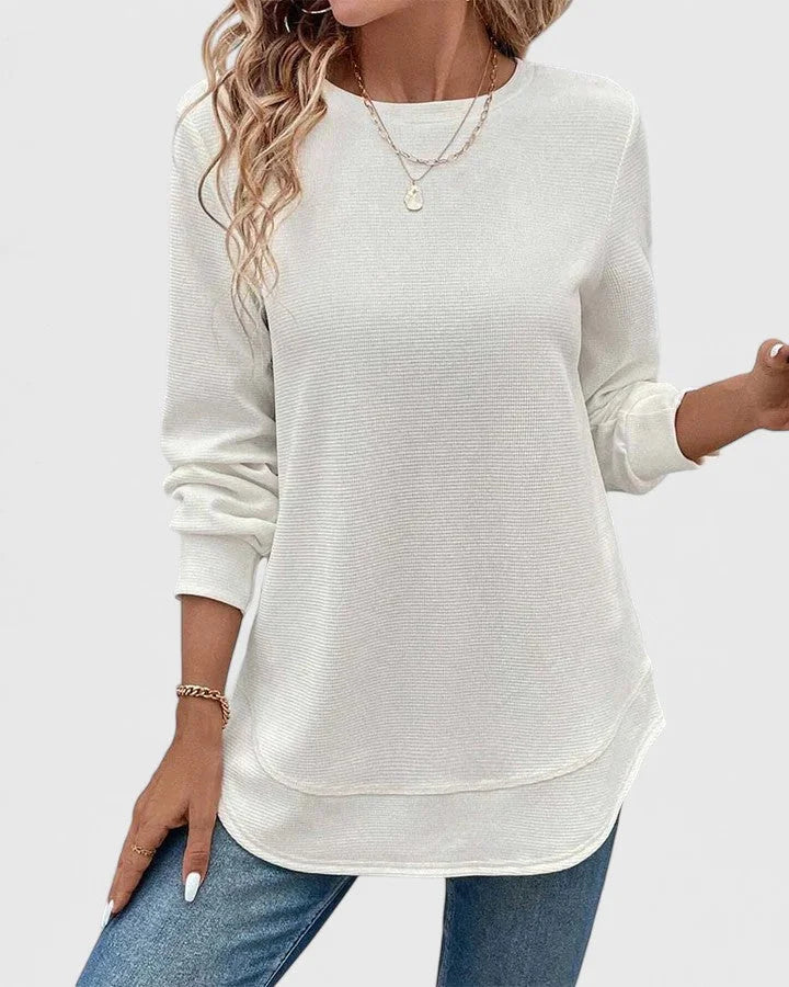Women's round-neck long-sleeve top with soft knit finish – White
