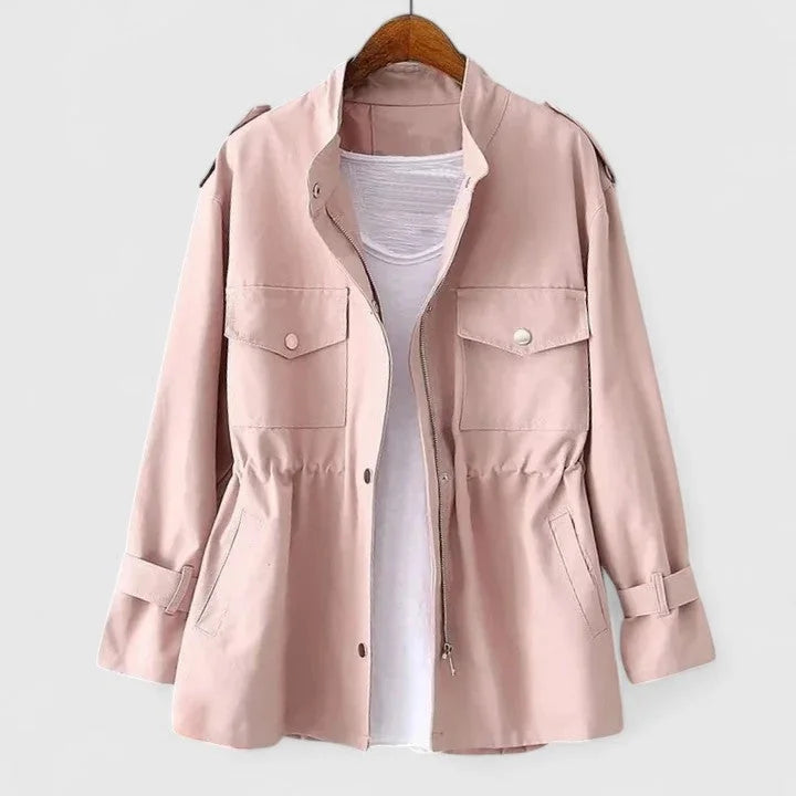 Women's cotton zip-up stand collar jacket with drawstring waist