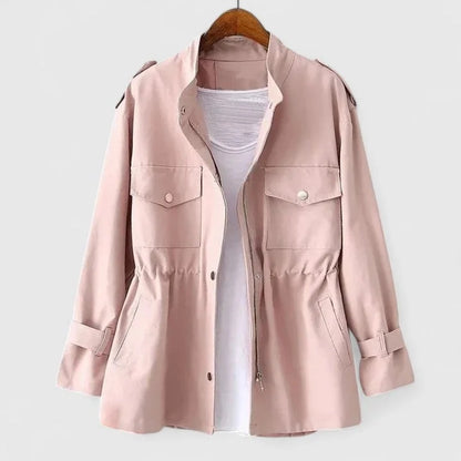 Women's cotton zip-up stand collar jacket with drawstring waist