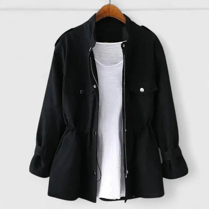 Women's cotton zip-up stand collar jacket with drawstring waist – Black