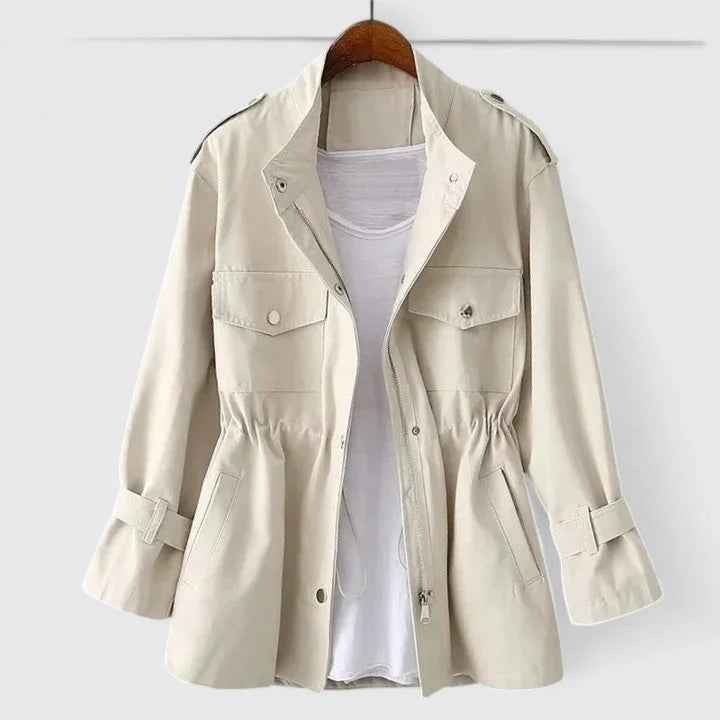 Women's cotton zip-up stand collar jacket with drawstring waist – Cream