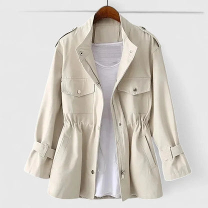 Women's cotton zip-up stand collar jacket with drawstring waist – Cream