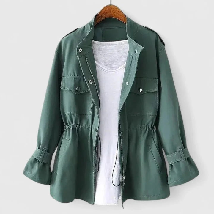 Women's cotton zip-up stand collar jacket with drawstring waist – Green