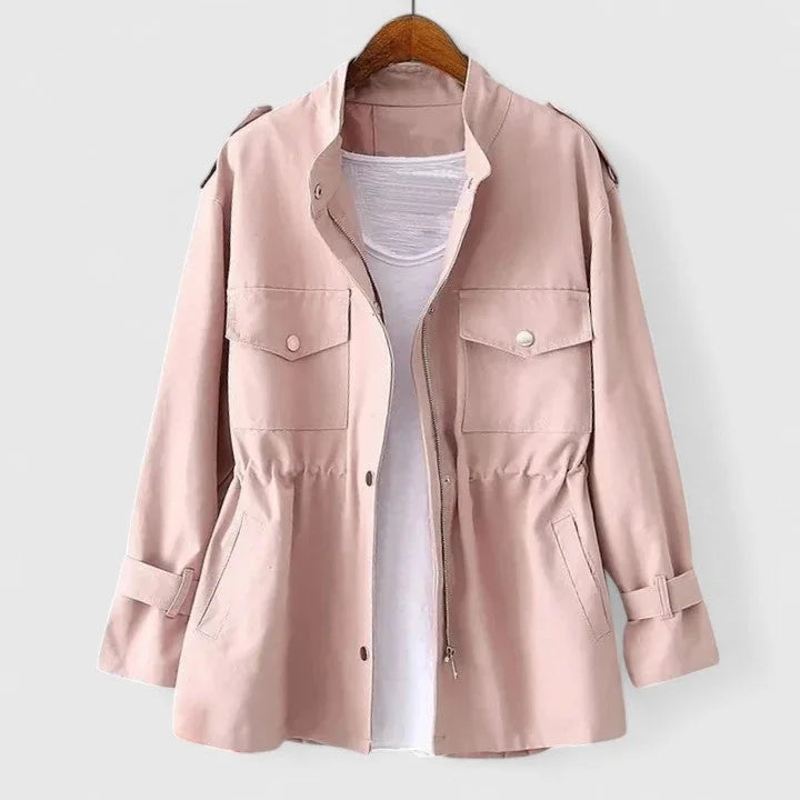 Women's cotton zip-up stand collar jacket with drawstring waist – Pink