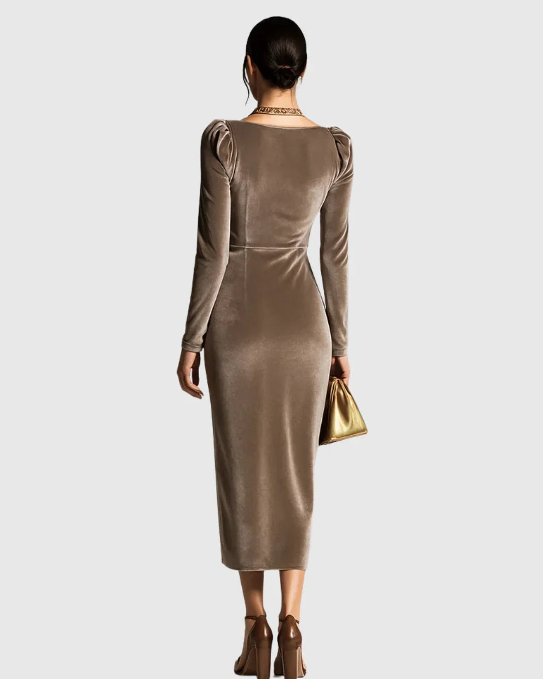 Women's pleated velvet midi dress with cowl neckline