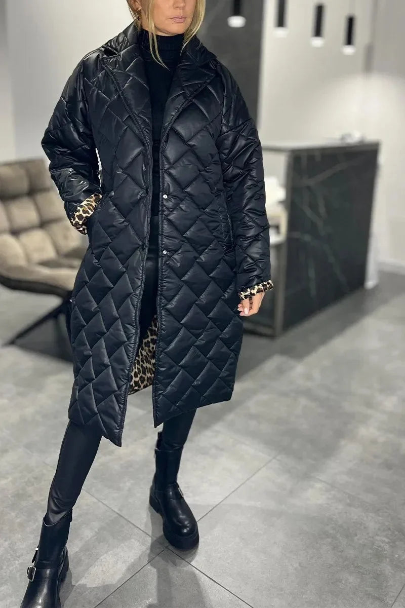 Women's reversible quilted coat with leopard-print lining – Black