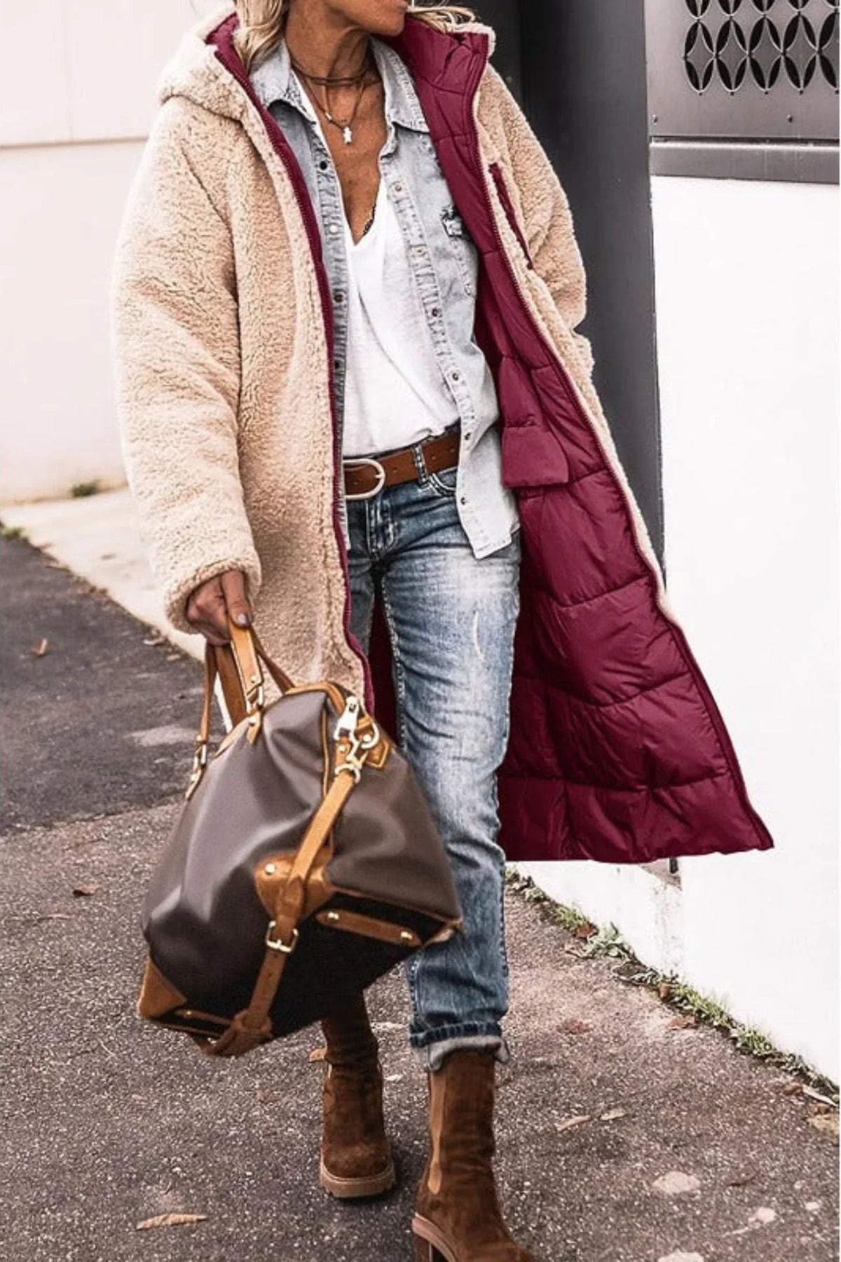 Women's reversible long coat with two-in-one styling