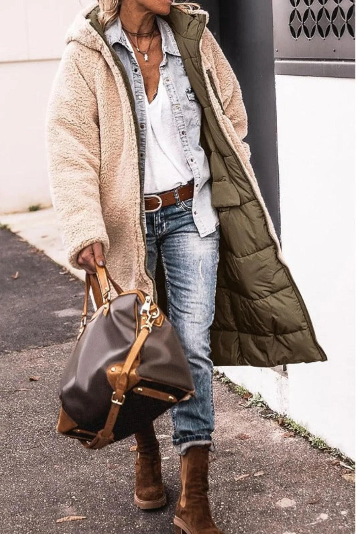Women's reversible long coat with two-in-one styling