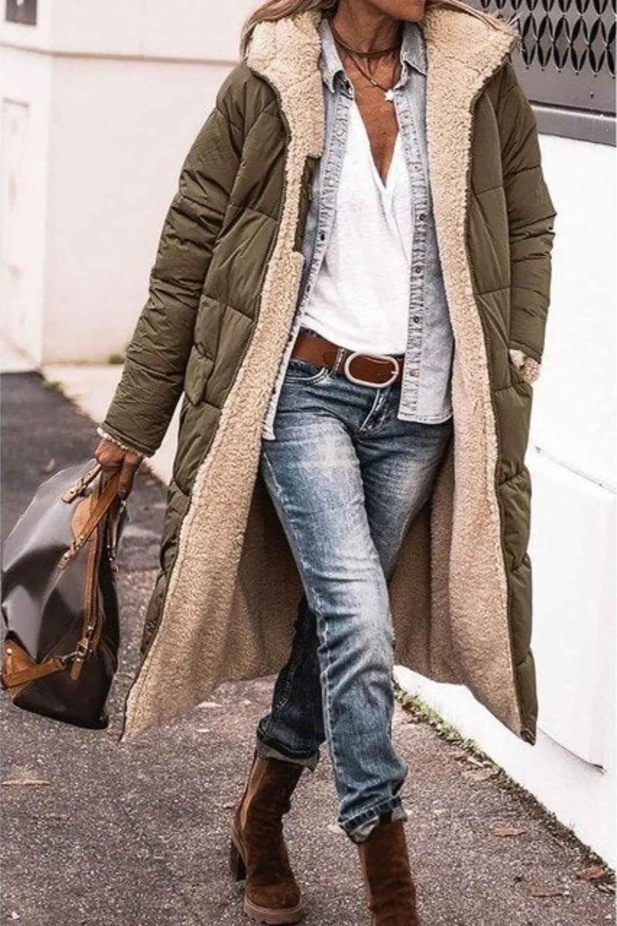 Women's reversible long coat with two-in-one styling – Army Green
