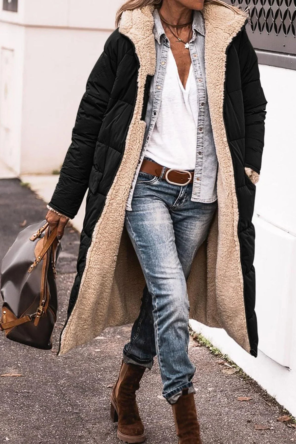 Women's reversible long coat with two-in-one styling – Black