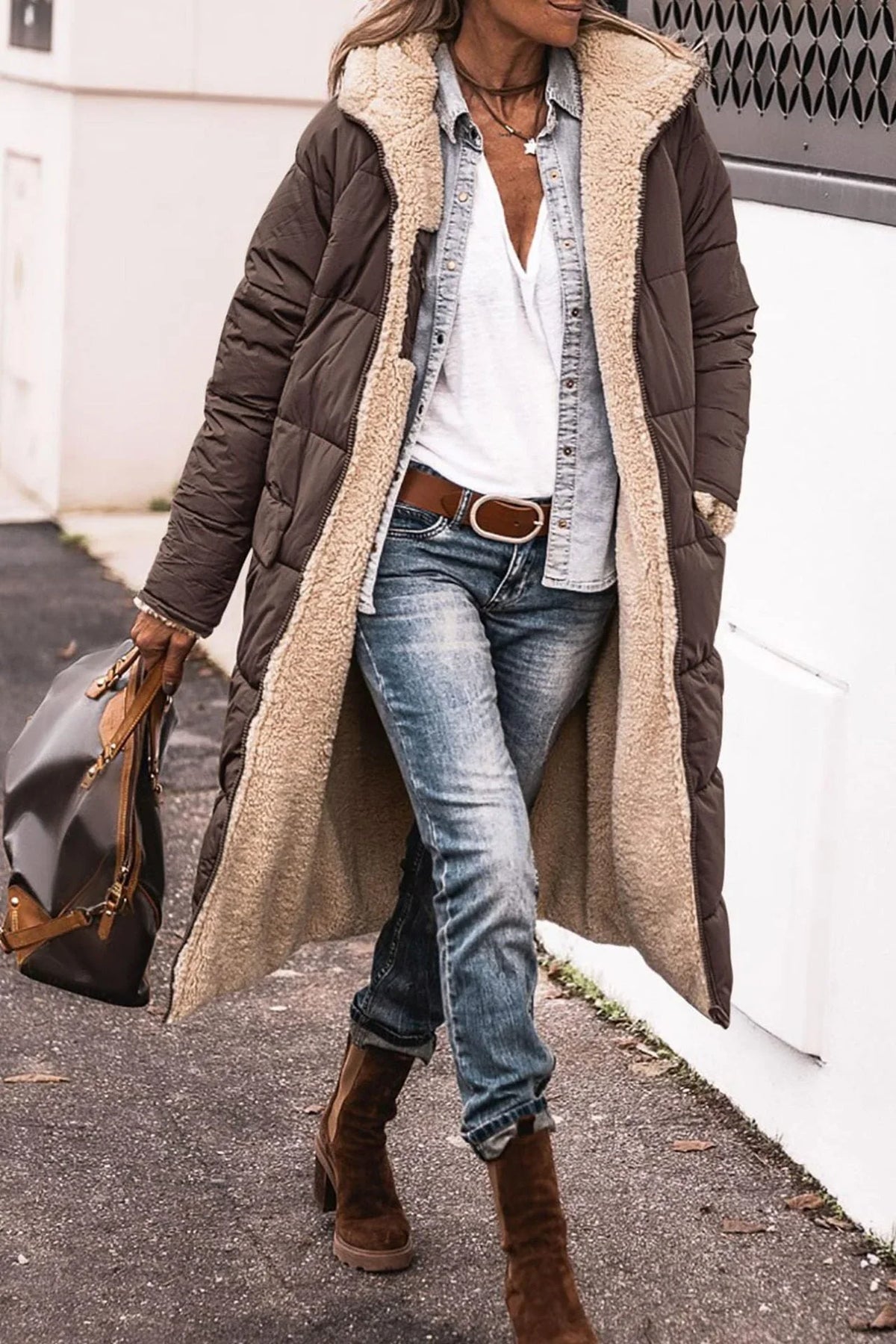 Women's reversible long coat with two-in-one styling – Brown