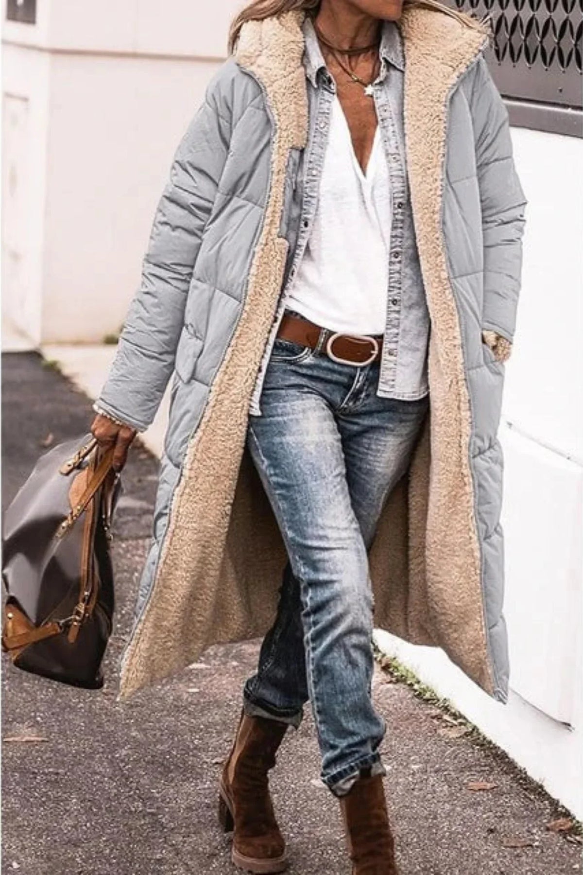 Women's reversible long coat with two-in-one styling – Grey