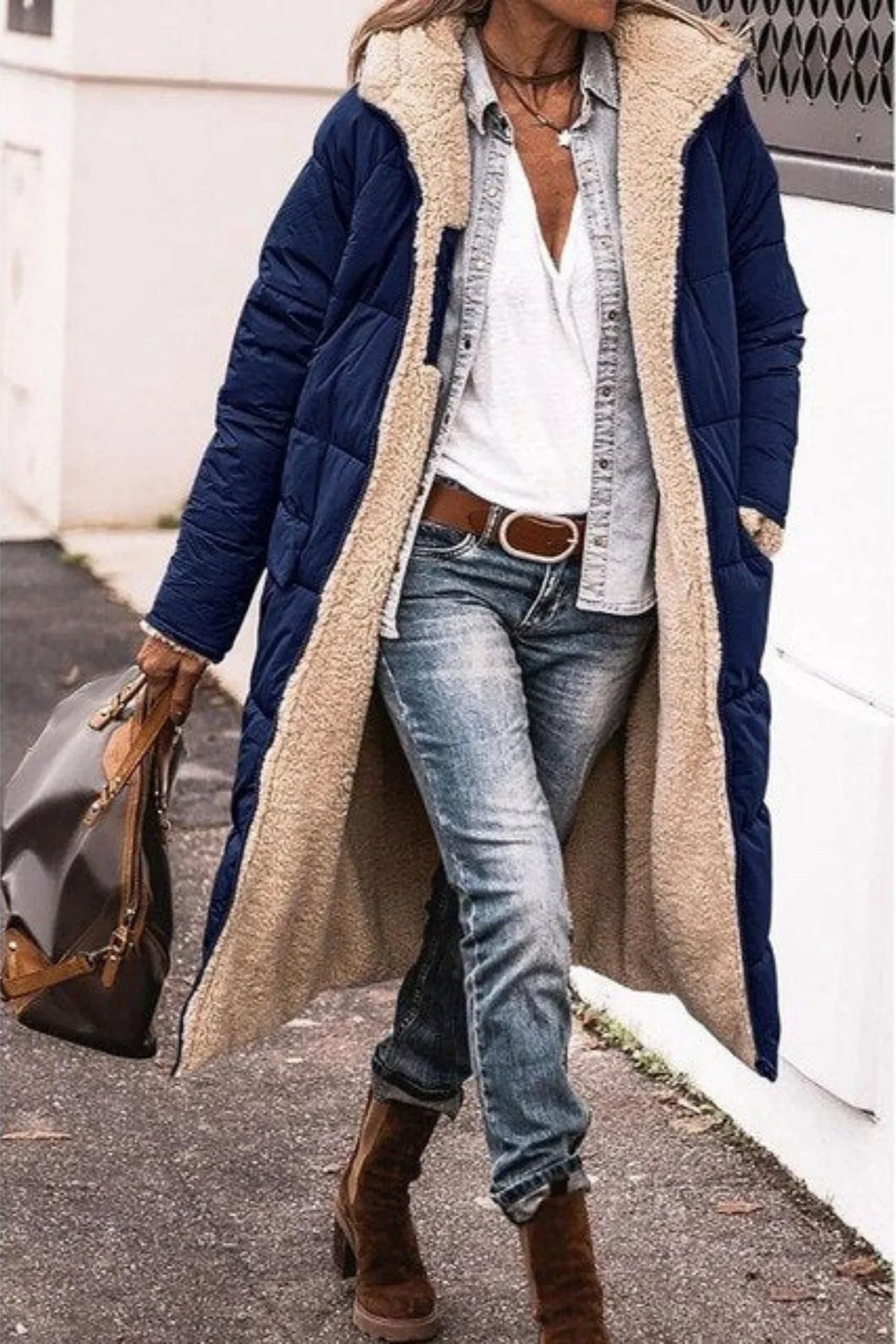 Women's reversible long coat with two-in-one styling – Navy Blue