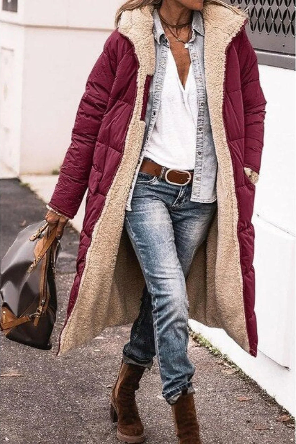Women's reversible long coat with two-in-one styling – Wine Red