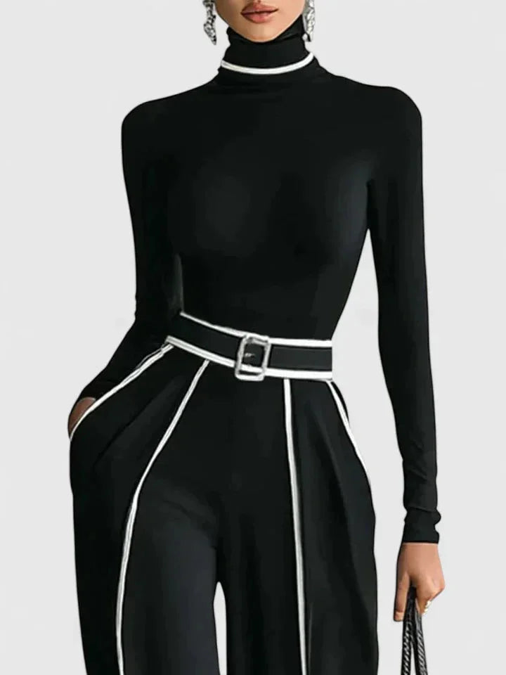 Women's roll neck two piece set with contrast piping – Black
