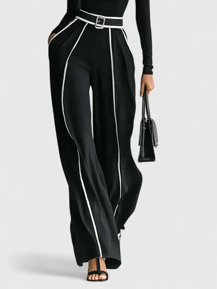 Women's roll neck two piece set with contrast piping – Black