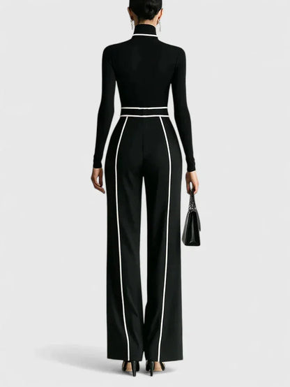 Women's roll neck two piece set with contrast piping – Black