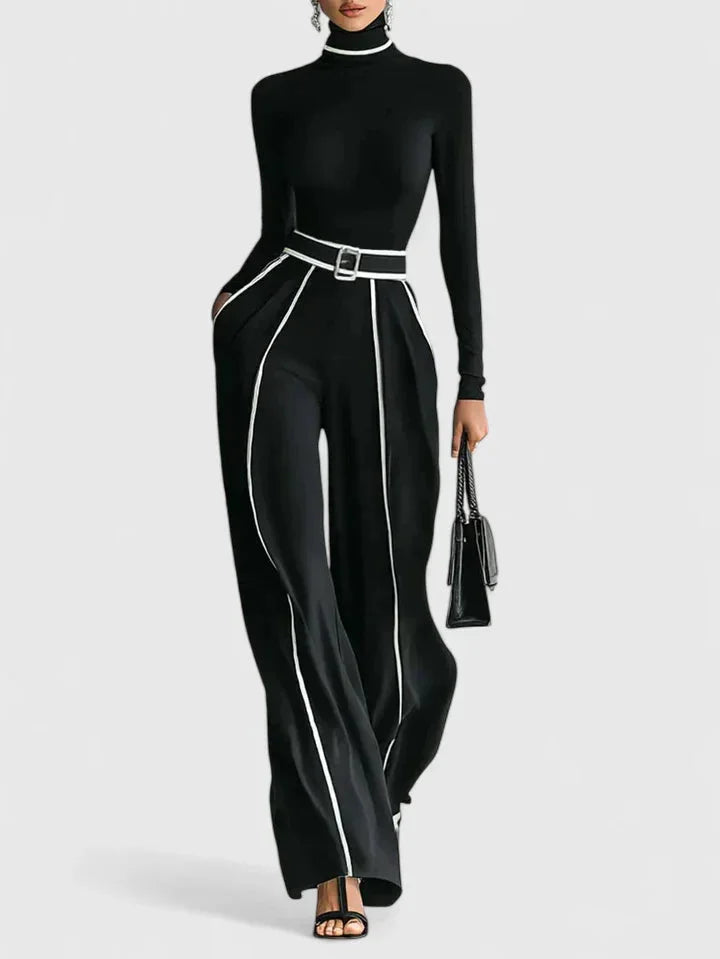 Women's roll neck two piece set with contrast piping – Black