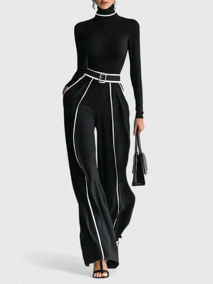 Women's roll neck two piece set with contrast piping – Black