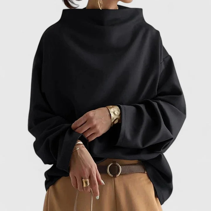 Women's stand collar sweatshirt with loose draped – Black