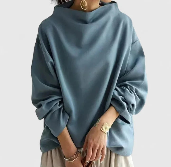 Women's stand collar sweatshirt with loose draped – Blue