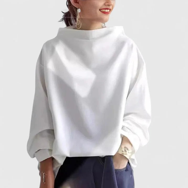 Women's stand collar sweatshirt with loose draped – White