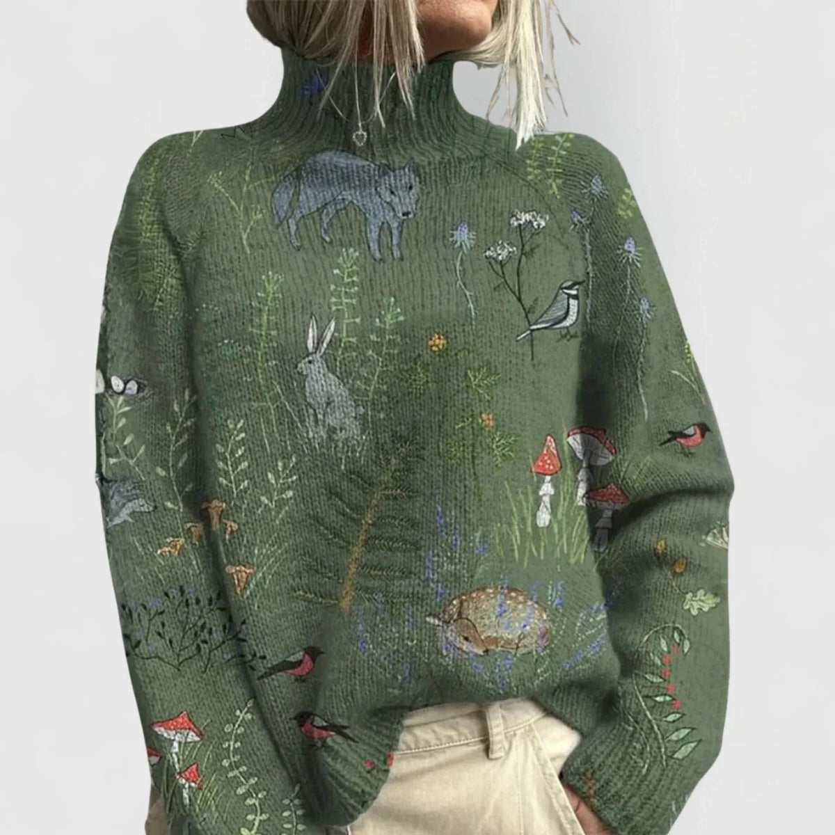Women's ribbed turtleneck sweater with relaxed fit – Green