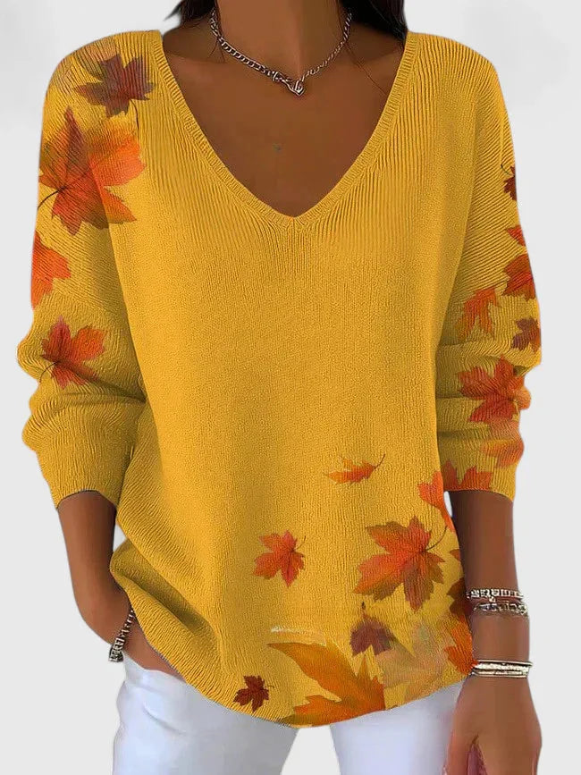 Women's soft V-neck knit jumper with long sleeves – Yellow