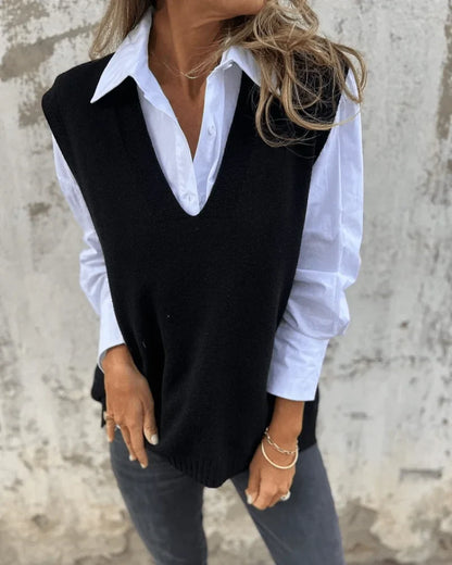 Women's knit V-neck jumper with ribbed hem – Black