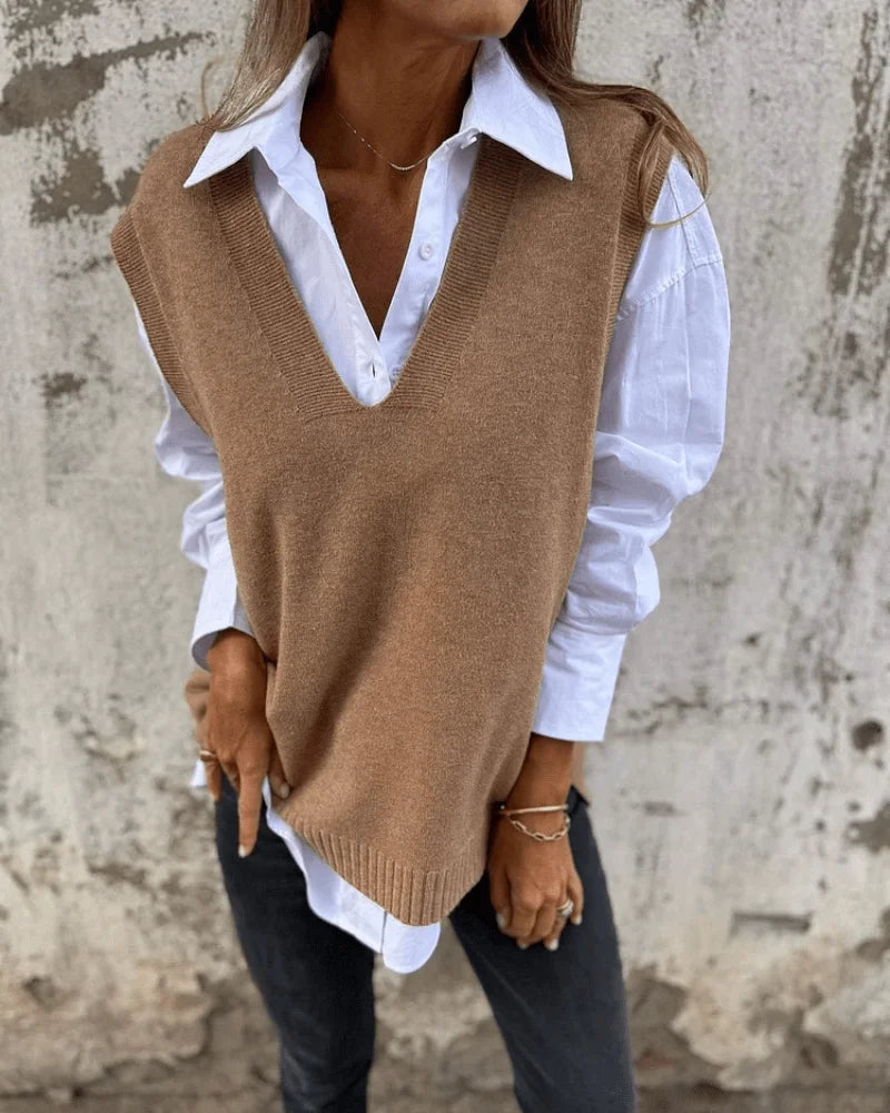 Women's knit V-neck jumper with ribbed hem – Brown
