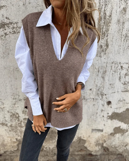 Women's knit V-neck jumper with ribbed hem – Grey/Brown