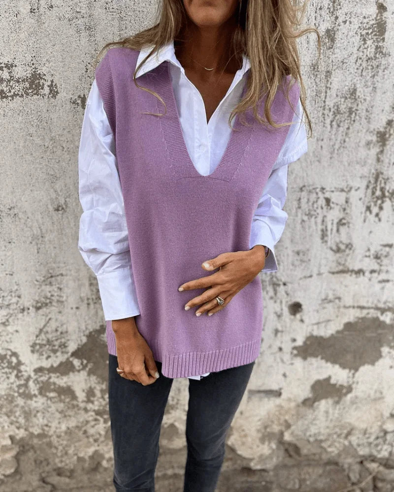 Women's knit V-neck jumper with ribbed hem – Purple